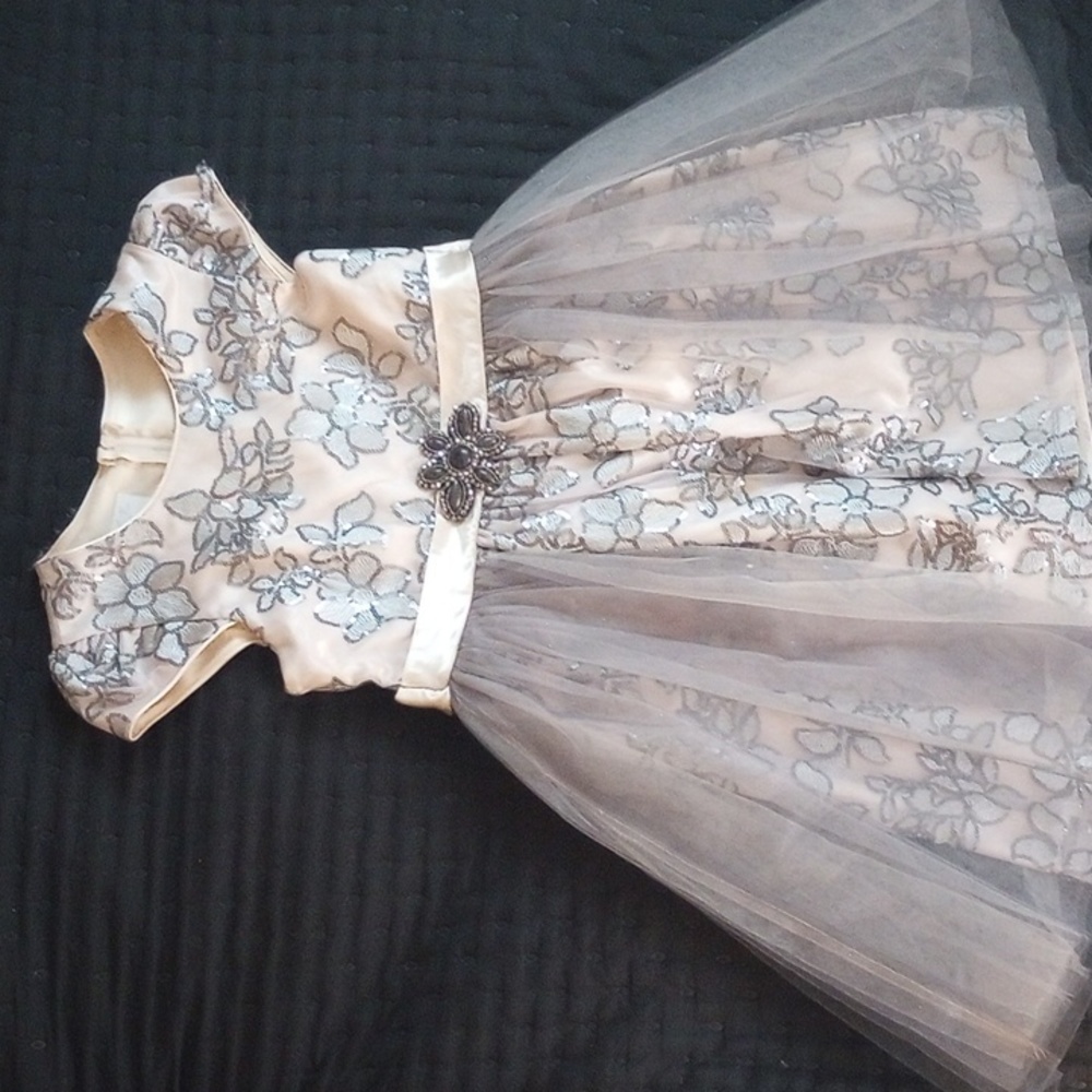 Elegant Cream and Blue Floral Kids Formal Dress